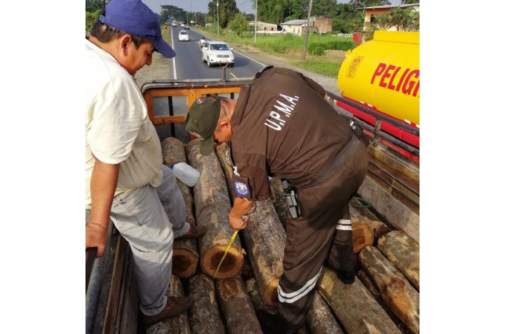 Des transporteurs de bois soupçonnés de transporter du bois illicite ont été ciblés, avec des inspections menées par des officiers à des points de contrôle comme celui-ci en Équateur.